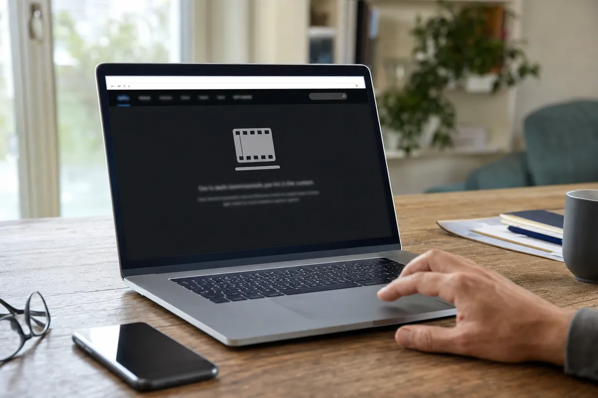Laptop su scrivania con schermata di errore “contenuto non disponibile”, mano sul trackpad, smartphone e occhiali accanto