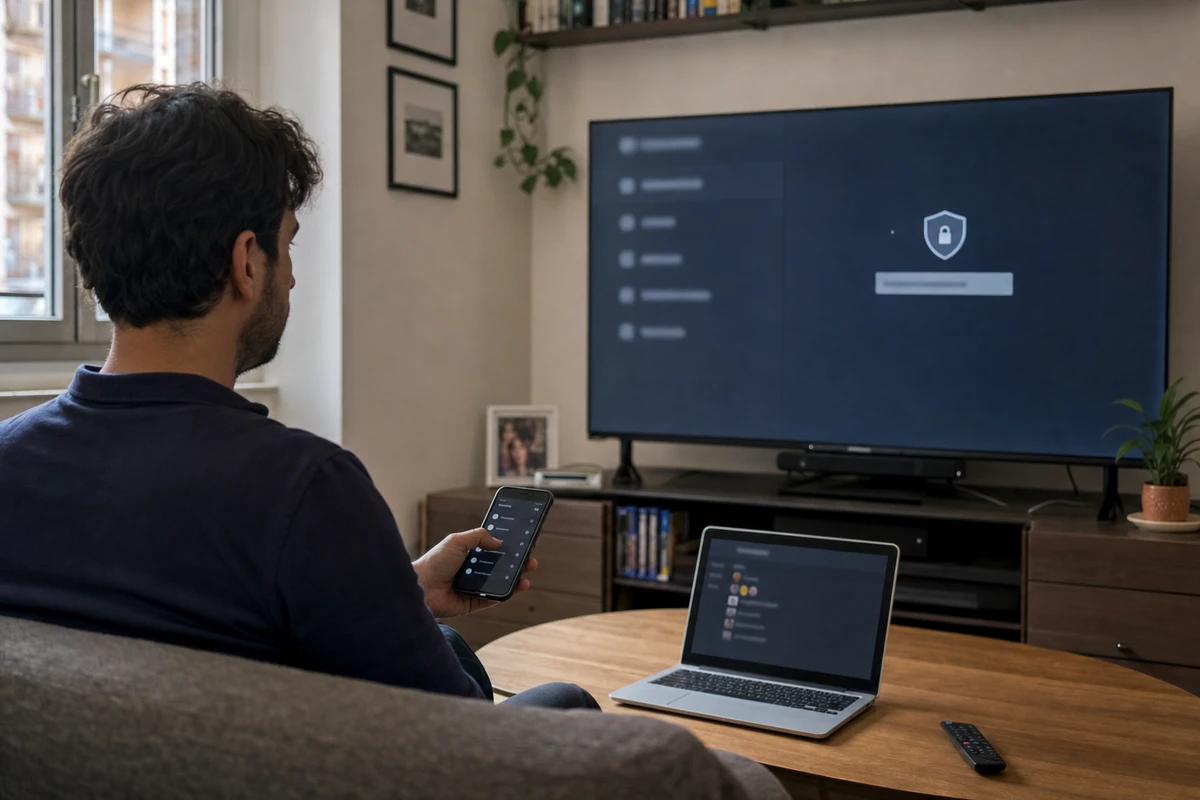 Utente sul divano con smartphone davanti a una smart TV con schermata di accesso e icona a lucchetto