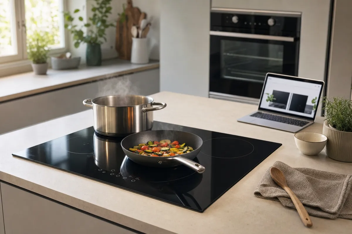 Piano cottura a induzione in vetro nero con pentola fumante e padella con verdure su piano cucina moderno