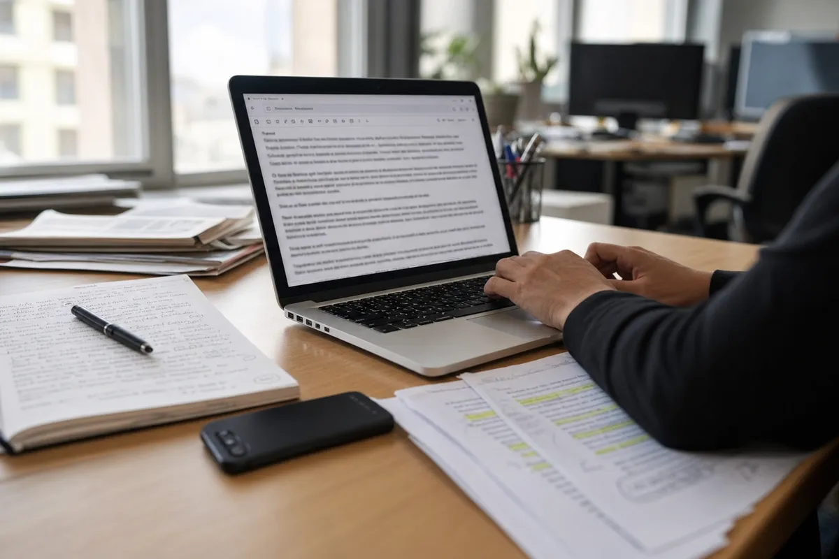 Scrivania in redazione con laptop aperto su un testo, mani che digitano e fogli evidenziati per verifica e riscrittura