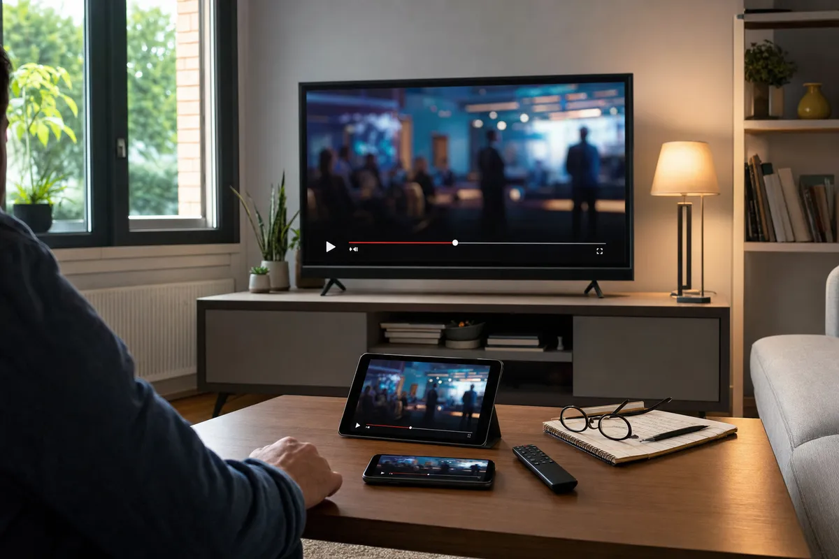 Soggiorno con smart TV, tablet e smartphone che riproducono lo stesso video in streaming su un tavolino