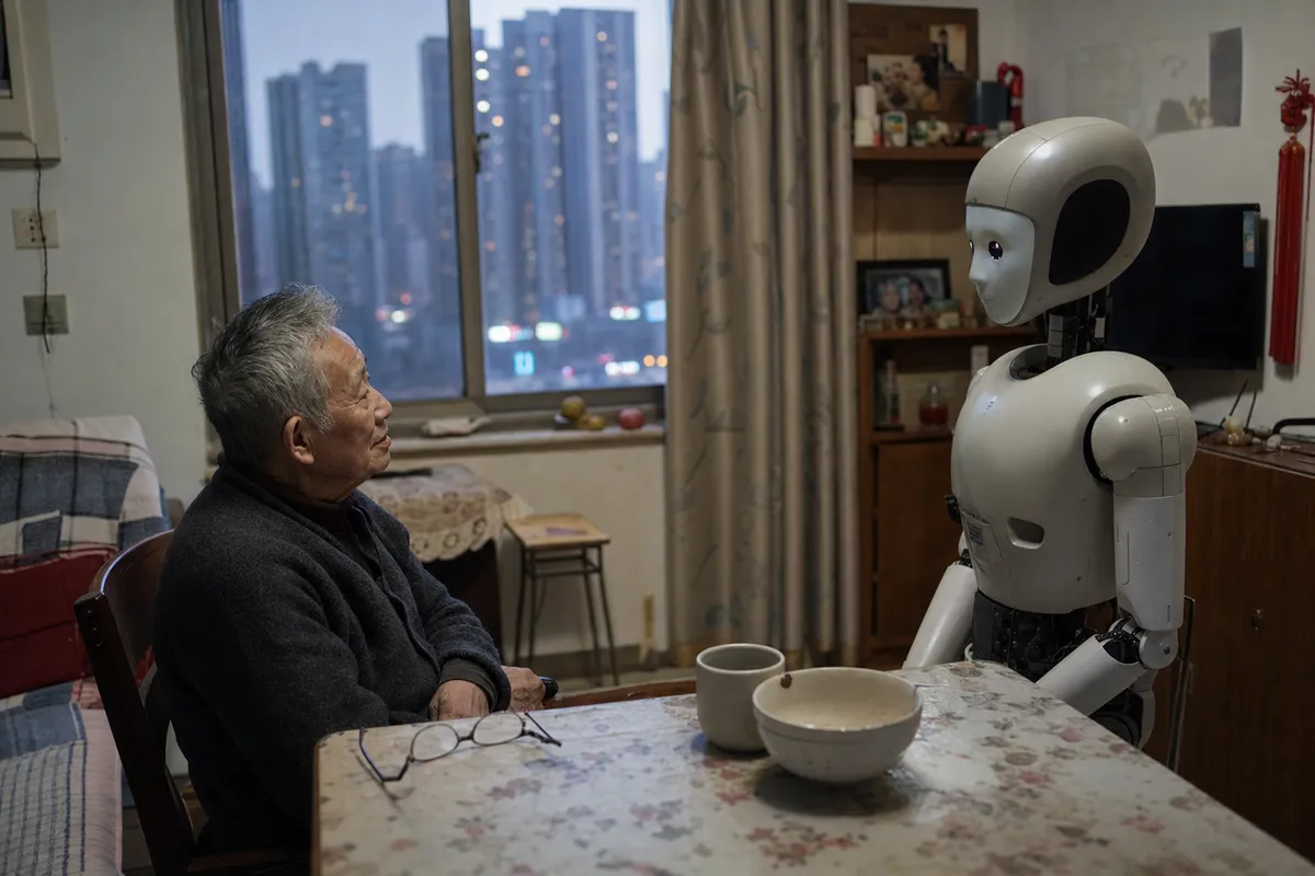 Anziano seduto al tavolo guarda un robot umanoide in un appartamento, con luci della città fuori dalla finestra