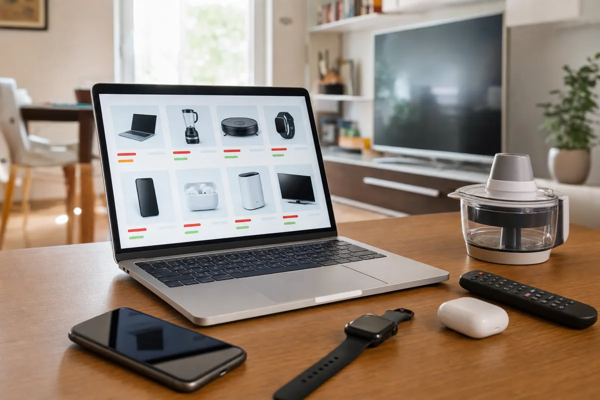 Laptop con pagina di shopping online su un tavolo, con smartphone, smartwatch, auricolari, telecomando e accessorio da cucina