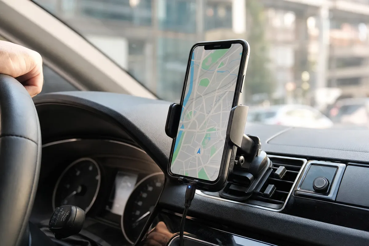 Smartphone con mappa su supporto da auto con ricarica wireless fissato alla bocchetta dell’aria