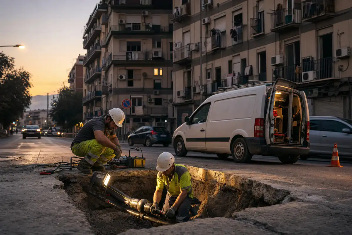Tecnici al lavoro su cavi elettrici interrati in uno scavo stradale al tramonto, con furgone di servizio sullo sfondo
