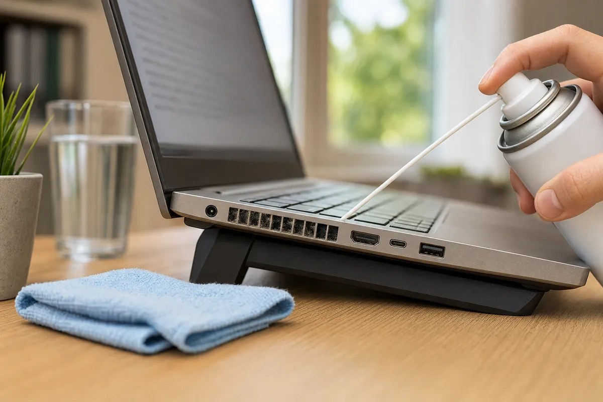 Mano che usa aria compressa sulle griglie di ventilazione di un laptop sollevato su supporto, con panno in microfibra