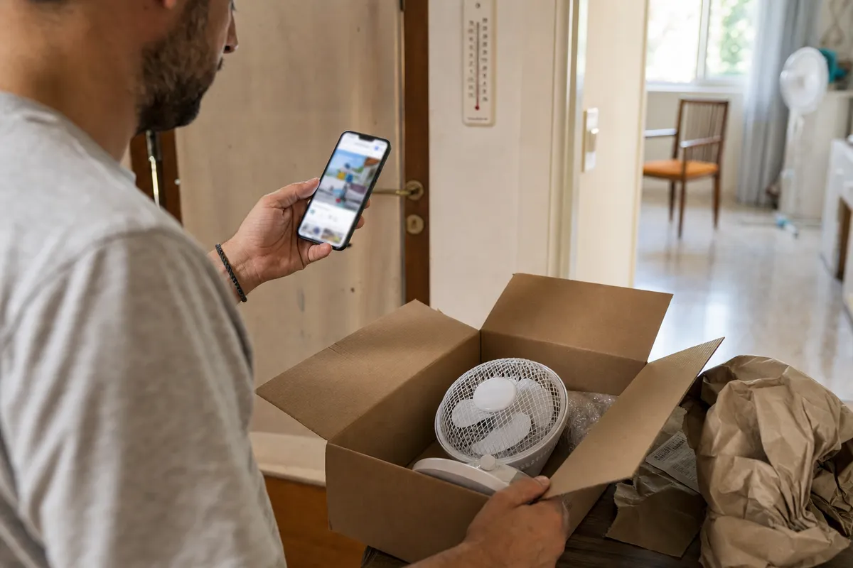 Uomo controlla lo smartphone davanti a un pacco aperto con un piccolo ventilatore al posto del condizionatore