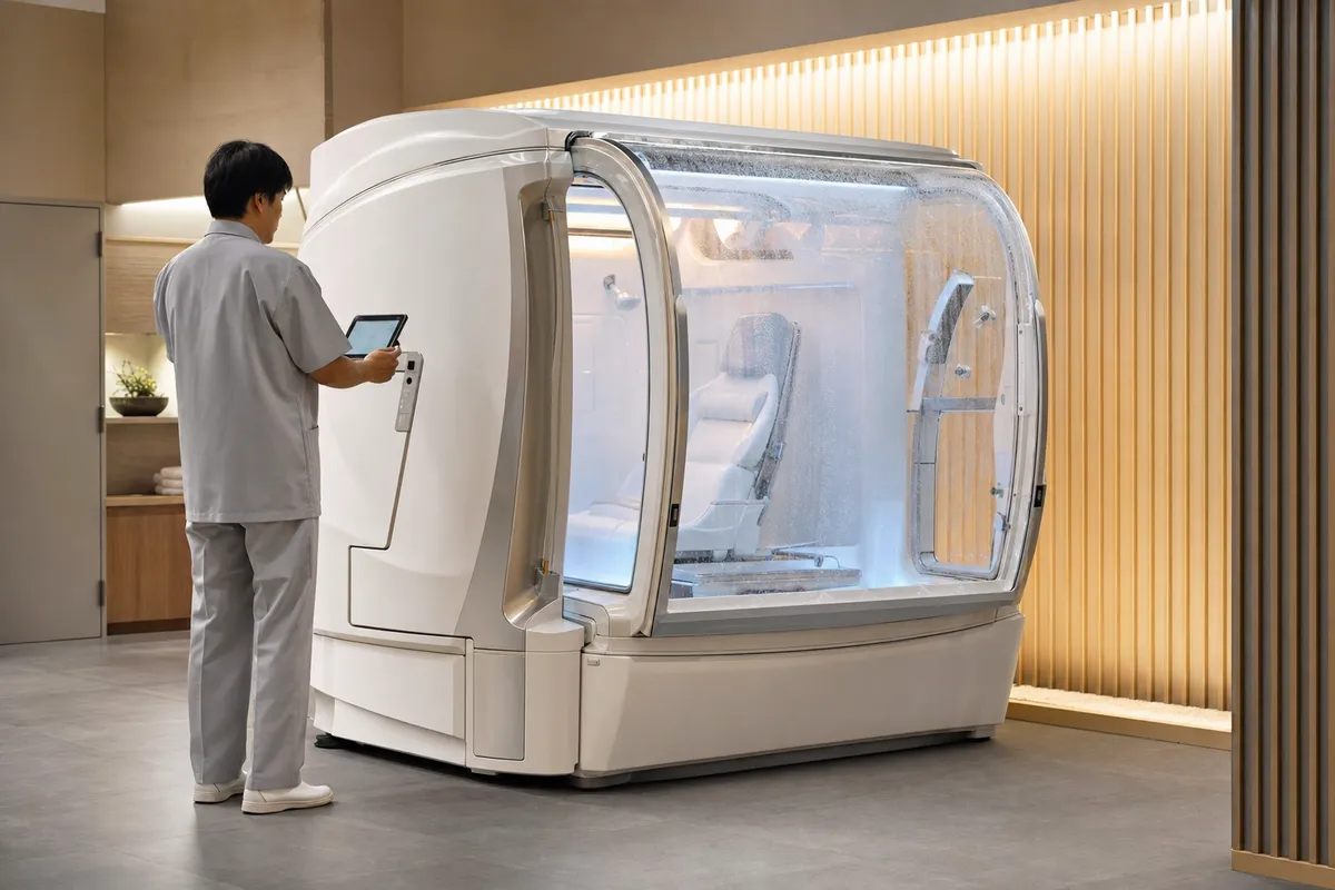 Tecnico con tablet accanto a una capsula hi-tech per doccia automatizzata con sportello trasparente e condensa