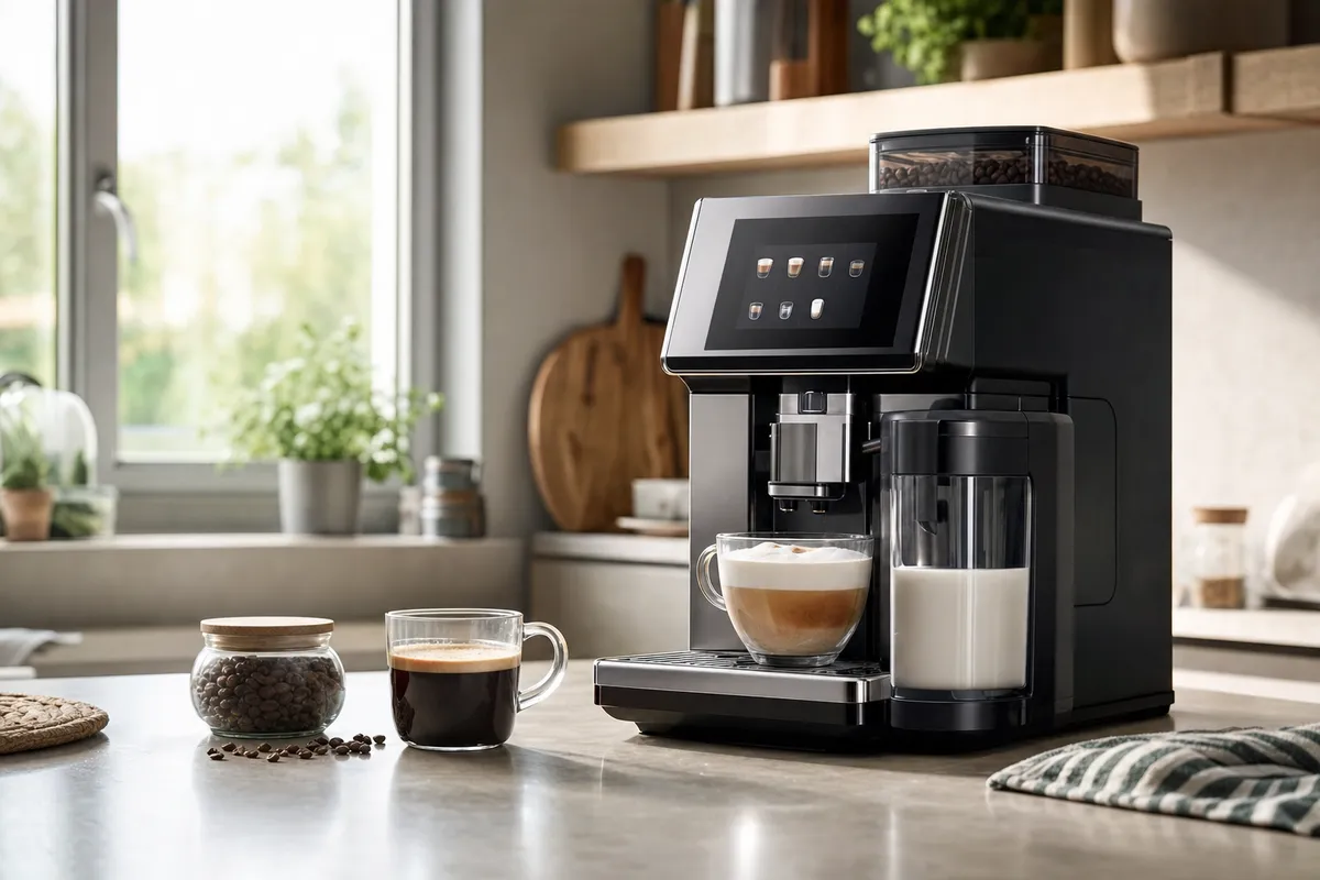 Macchina automatica per espresso e cappuccino con display touch e caraffa latte su piano cucina, con tazze e chicchi