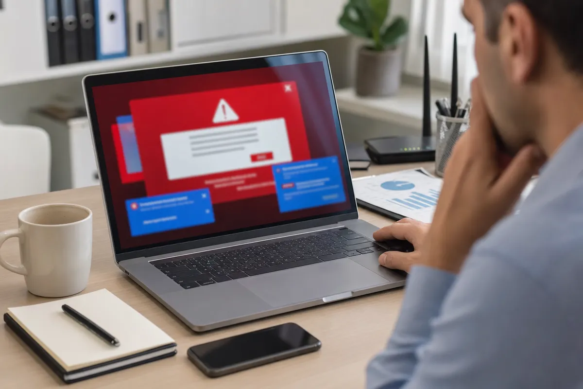 Persona in ufficio davanti a un laptop con avviso di sicurezza a schermo rosso e finestre di errore, smartphone sul tavolo