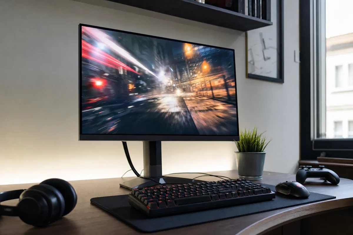 Monitor gaming su scrivania con tastiera, mouse, cuffie e controller, schermo con scena d’azione sfocata