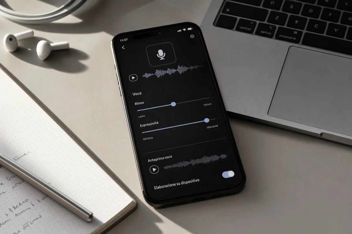 Smartphone su una scrivania con impostazioni voce: slider di ritmo ed espressività e anteprima con onde sonore