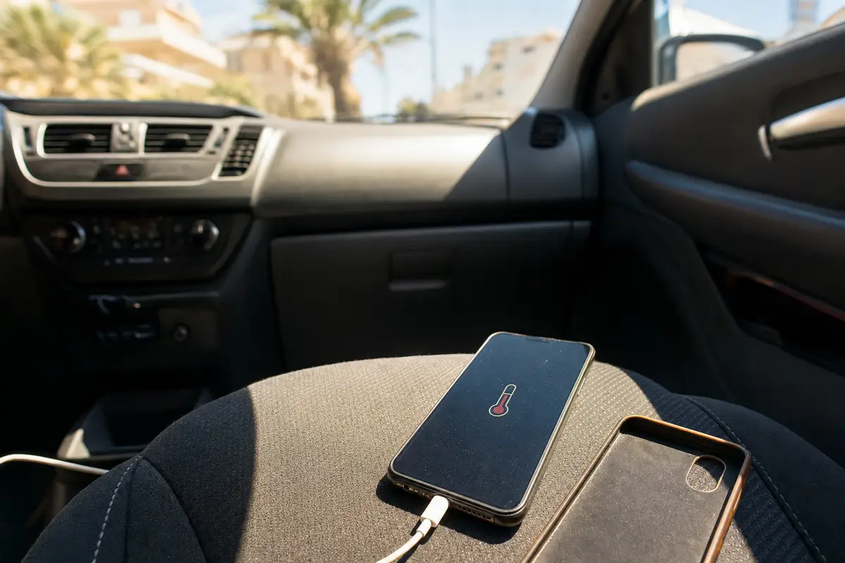 Smartphone in carica sul sedile dell’auto con icona di temperatura elevata sullo schermo e cover accanto