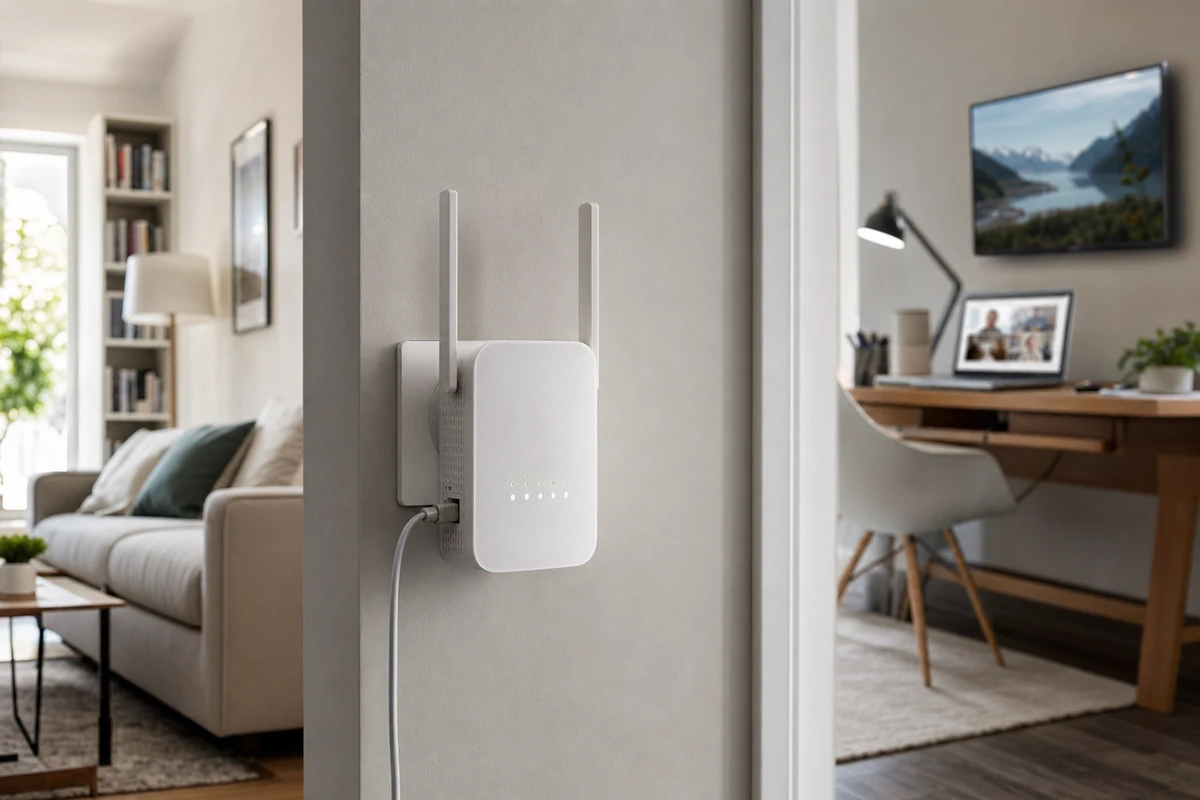 Ripetitore WiFi bianco con due antenne e cavo Ethernet inserito in una presa a muro, in casa