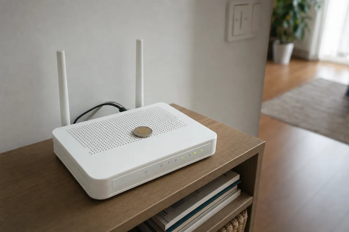 Router Wi‑Fi bianco con due antenne e una moneta appoggiata sopra, su un mobile in legno