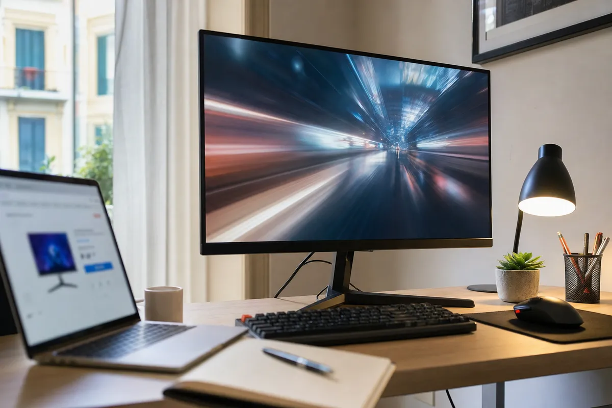 Scrivania con monitor gaming a cornici sottili e immagine in movimento, laptop sfocato, tastiera, mouse e lampada