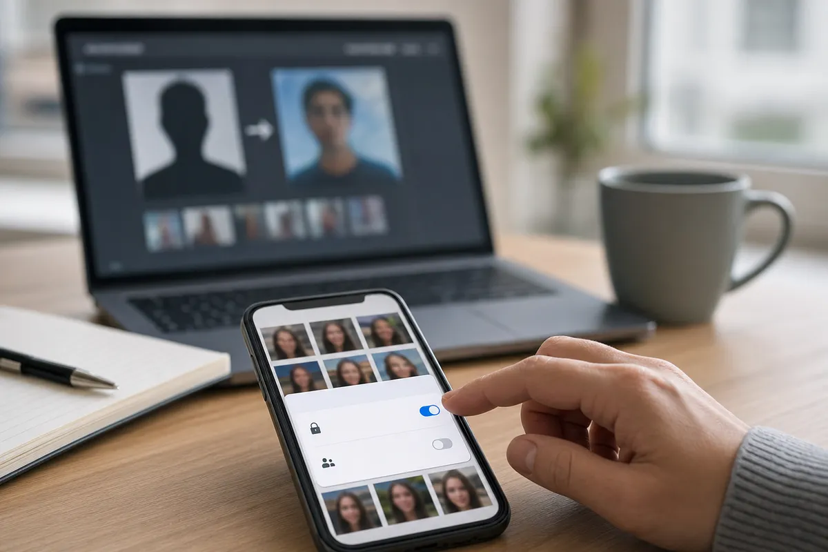 Mano che attiva un’impostazione privacy su smartphone con griglia di foto, con laptop sfocato sullo sfondo
