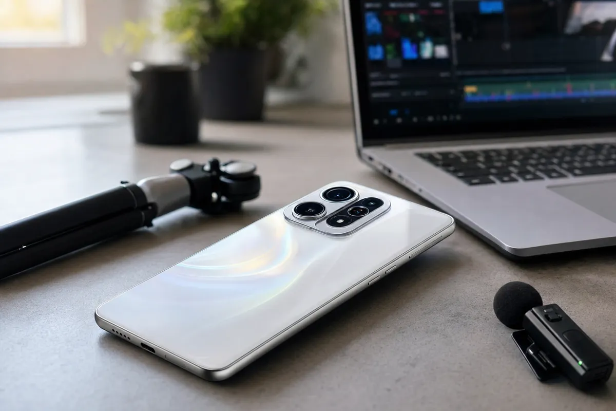 Smartphone bianco lucido con modulo fotocamera multiplo su scrivania, accanto a laptop, treppiede e microfono