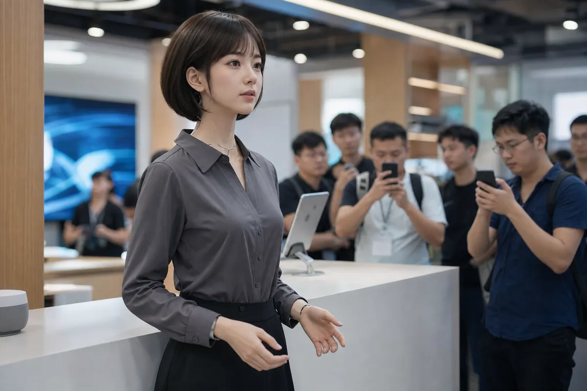 Robot umanoide dall’aspetto femminile in showroom tecnologico, con visitatori sullo sfondo che scattano foto