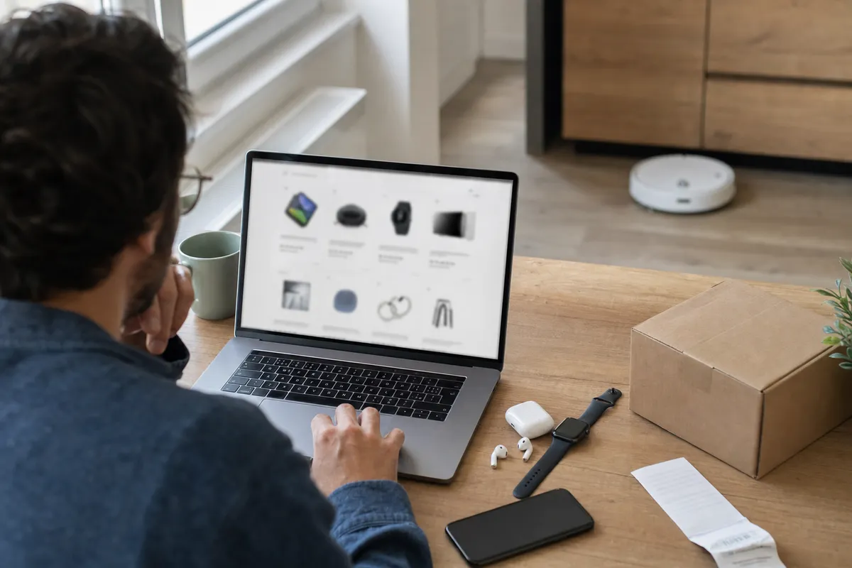 Persona al tavolo naviga offerte online su laptop, con smartphone, auricolari, smartwatch, pacco e ricevuta; robot