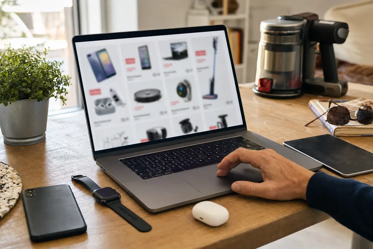 Laptop con pagina di shopping online sfocata su una scrivania, con smartphone, smartwatch, auricolari e tablet accanto