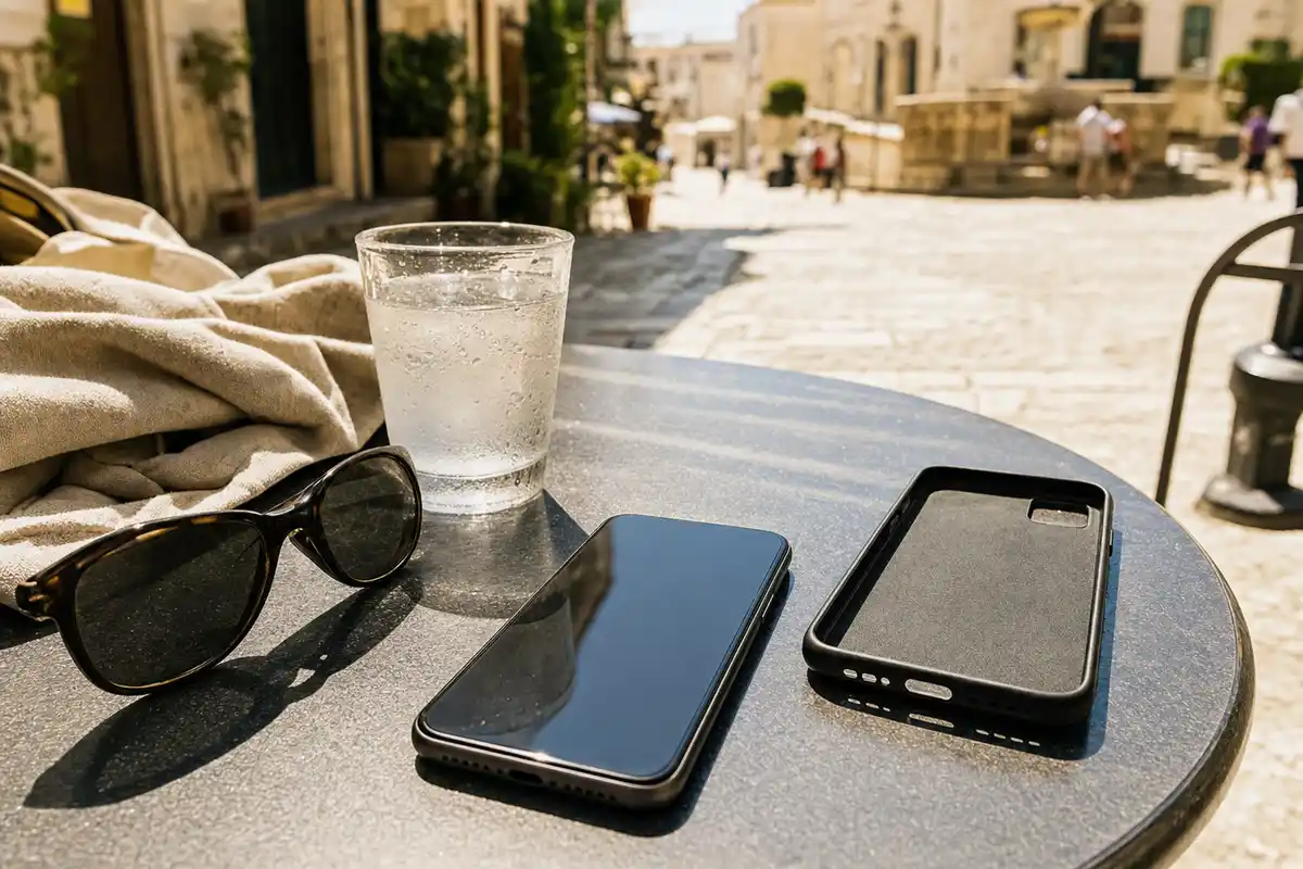 Smartphone con schermo nero e cover rimossa su tavolino di un bar al sole, con bicchiere d’acqua e occhiali da sole
