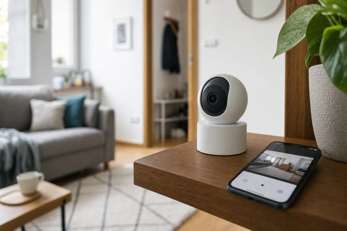 Telecamera di sicurezza indoor su tavolino in legno con smartphone che mostra l’anteprima video, soggiorno sullo sfondo